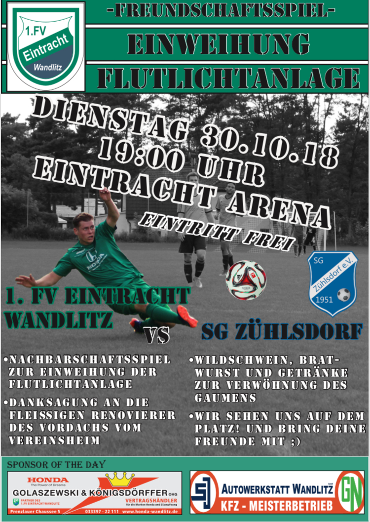 20181030 Werbeplakat anlässlich Einweihung Flutlichtanlage Sportplatz mit Freundschaftsspiel gegen SG Zühlsdorf