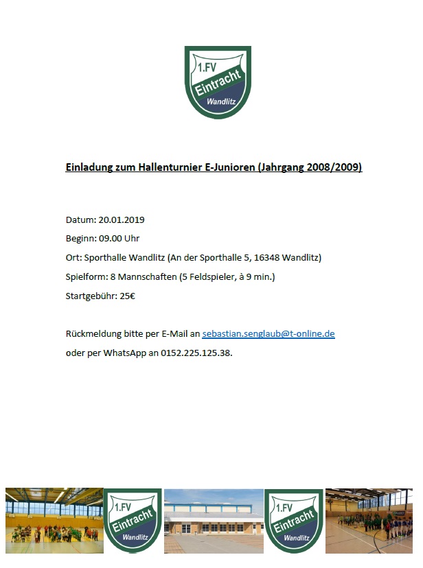 Einladung 1. FV Eintracht Wandlitz für E-Junioren-Hallenturnier am 20.01.2019